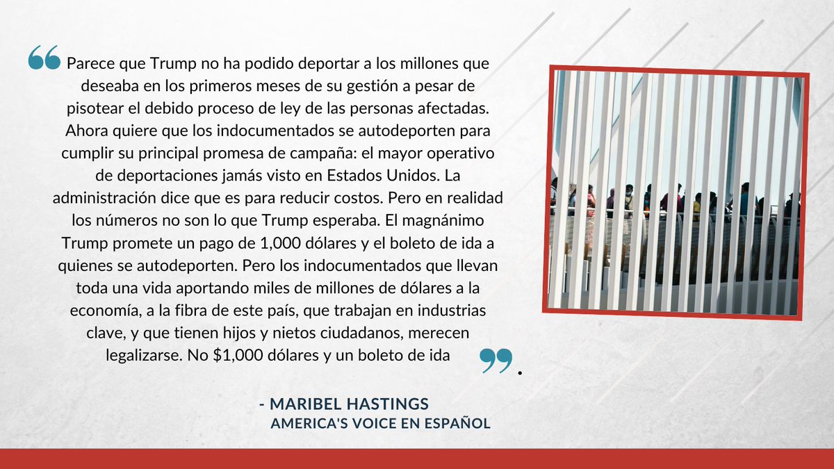 America's Voice (@americasvoice) on Twitter photo En su columna semanal, <a href="/maribelhastings/">Maribel Hastings</a> escribe que los indocumentados que aportan miles de millones de dĂłlares a la economĂa merecen ser legalizados en vez de 1,000 dĂłlares y un boleto de ida para autodeportarse.
buff.ly/5FJrsLw En su columna semanal, <a href="/maribelhastings/">Maribel Hastings</a> escribe que los indocumentados que aportan miles de millones de dĂłlares a la economĂa merecen ser legalizados en vez de 1,000 dĂłlares y un boleto de ida para autodeportarse.
buff.ly/5FJrsLw