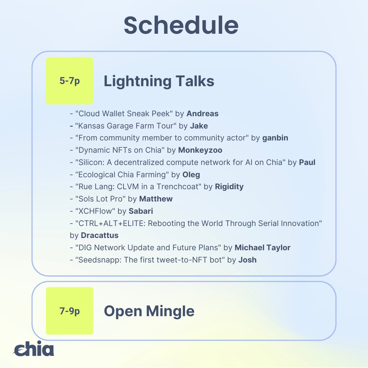 We look forward to seeing you on Tuesday at Chia Toronto 2025, a Chia Community Event. The event is sure to be a good one with speakers from the community, including Chia's own Gene Hoffman and Brandon Haggstrom aka Rigidity. If you haven't yet, sign up at the link below.