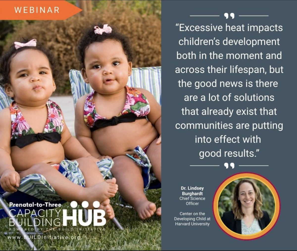 Join our friends at the BUILD Initiative tomorrow for a webinar, When It’s Too Hot to Play, Sleep, or Learn: Supporting Children and Caregivers in a Warming World, featuring our Chief Science Officer, Dr. Lindsey Burghardt. 

For more information, go to: bit.ly/4iL8Mxe