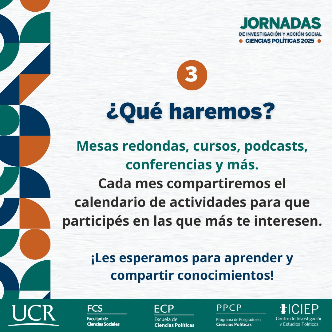 YA EMPEZARON #JornadasdeInvestigación #AcciónSocial de Ciencias Políticas
📷Este 2025 se extenderán de abril a octubre dando chance a que más personas participen.
📷¡Habrán charlas, talleres, podcasts y mucho más!
📷¡Mantenete al tanto para que no te perdás de nada!