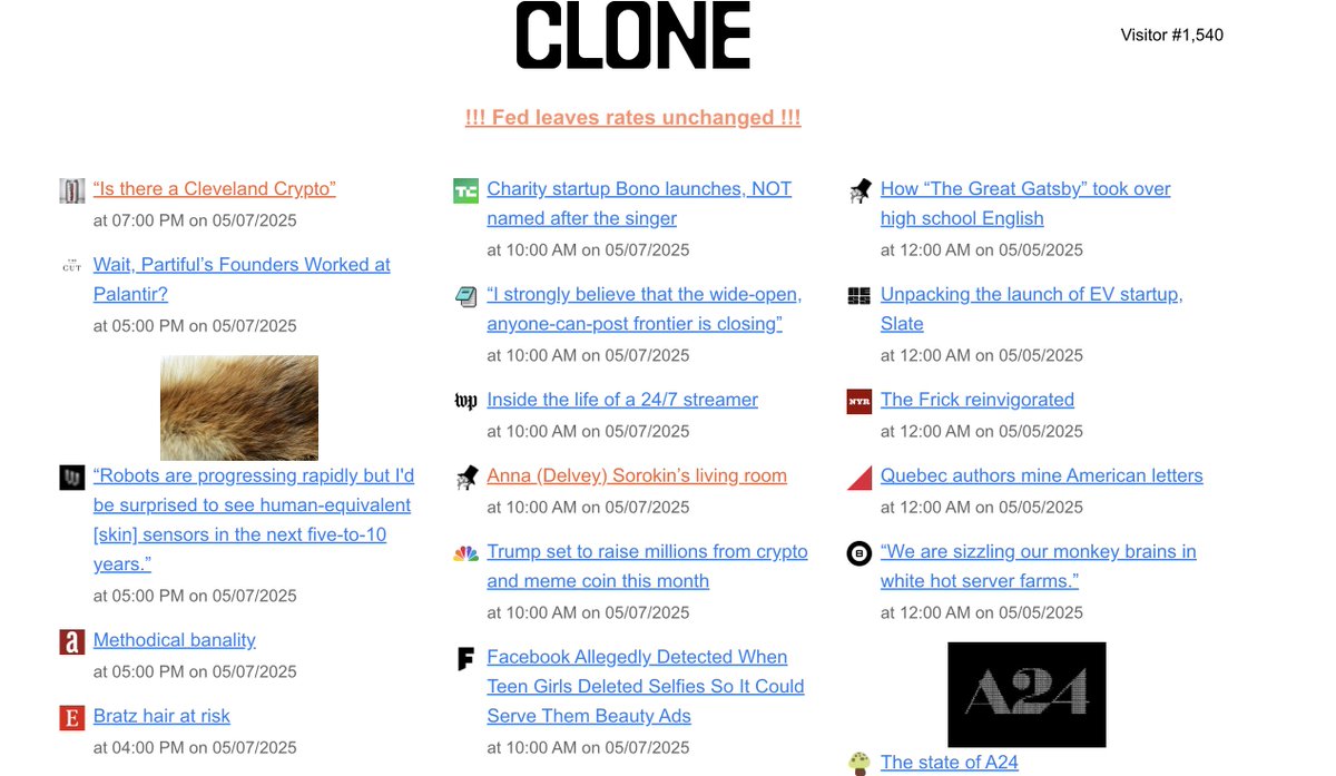 "like hacker news but for humans" 

HOURLY tech &amp; culture news curation, a <a href="/dirtyverse/">Dirt</a> + <a href="/BoysClubWorld/">Boys Club™</a> collab. Clone[dot]fyi