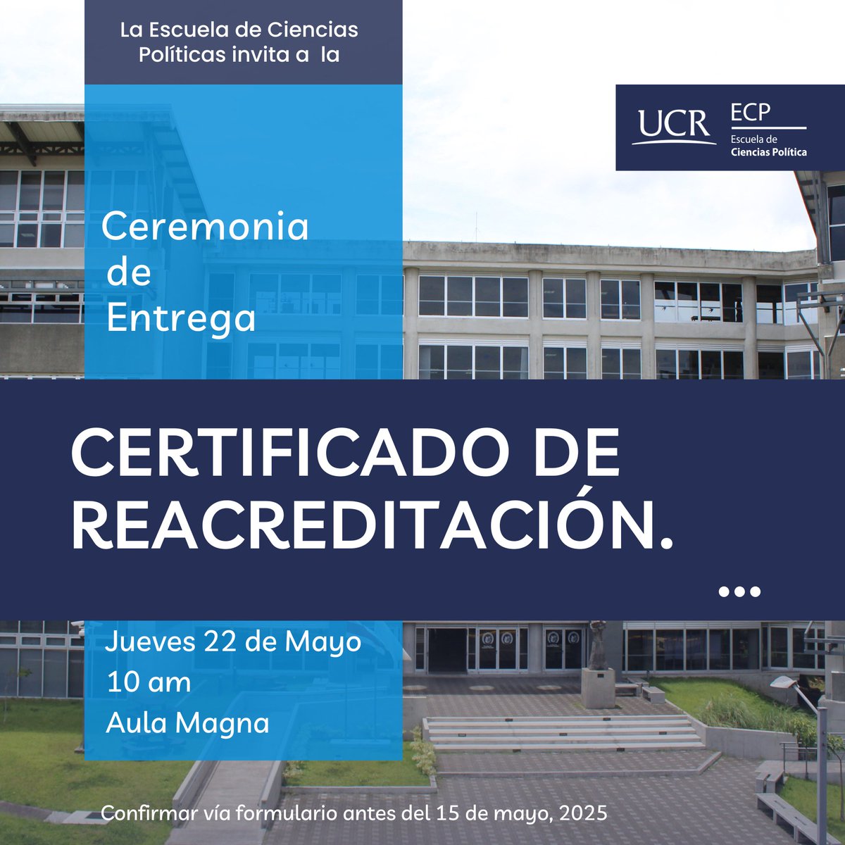 #Recordatorio #ConfirmáAsistencia

!Ceremonia de entrega de certificado d REACREDITACION!

📷Confirmá tu asistencia antes del *15 de mayo* a través de este formulario forms.gle/TA8fY4wYTdQbL9…

Te esperamos este
📷Jueves 22 de mayo, 2025
📷10 am
📷Aula Magna