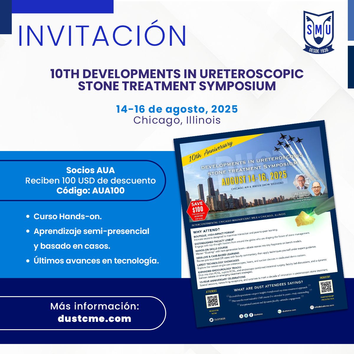 📢 ¡Invitación para nuestra membresía!

Se llevará a cabo el evento #DUST2025, en cuya décima edición tienen preparadas apasionantes actividades prácticas y avances en tecnología médica. 🙌🩺
📲 Para más información visita: dustcme.com

#SMU25 #UrologíaEnMovimiento