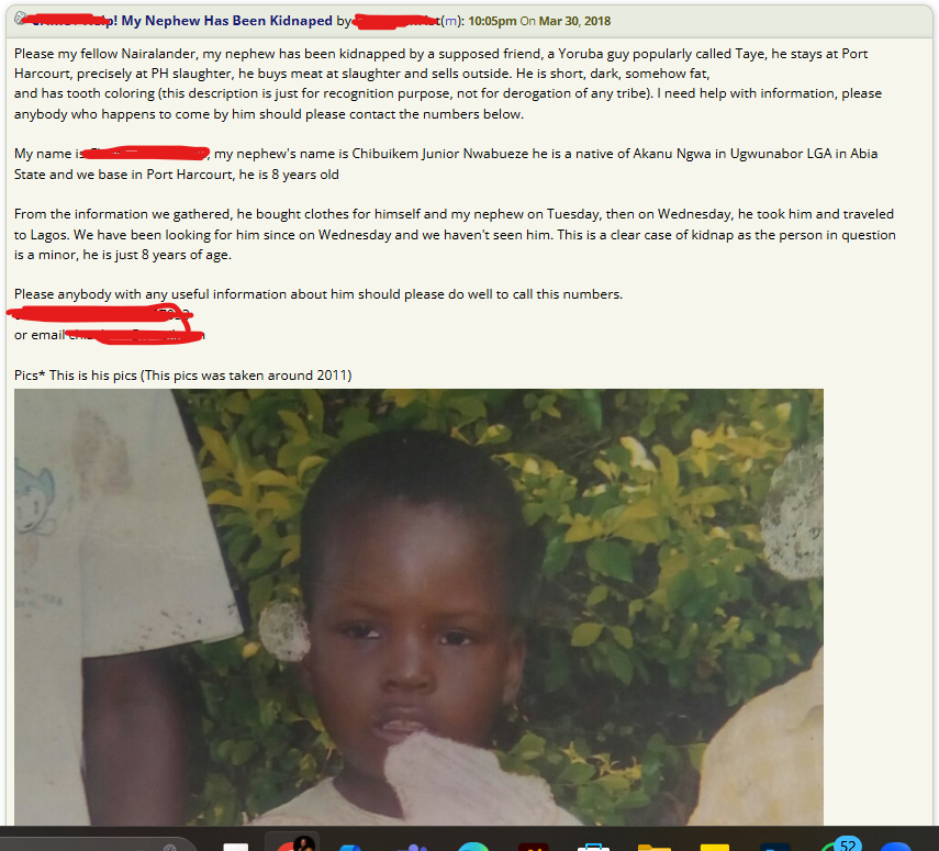 I am the happiest man right now 😭

My nephew who was kidnapped since 2017 from PH and taken to Ondo State by one Mr. Taye who was working at PH Slaughter just located home from Ondo to PH out of the blues 😭
 
He kidnapped him when he was about 8  years old

😭😭😭😭😭