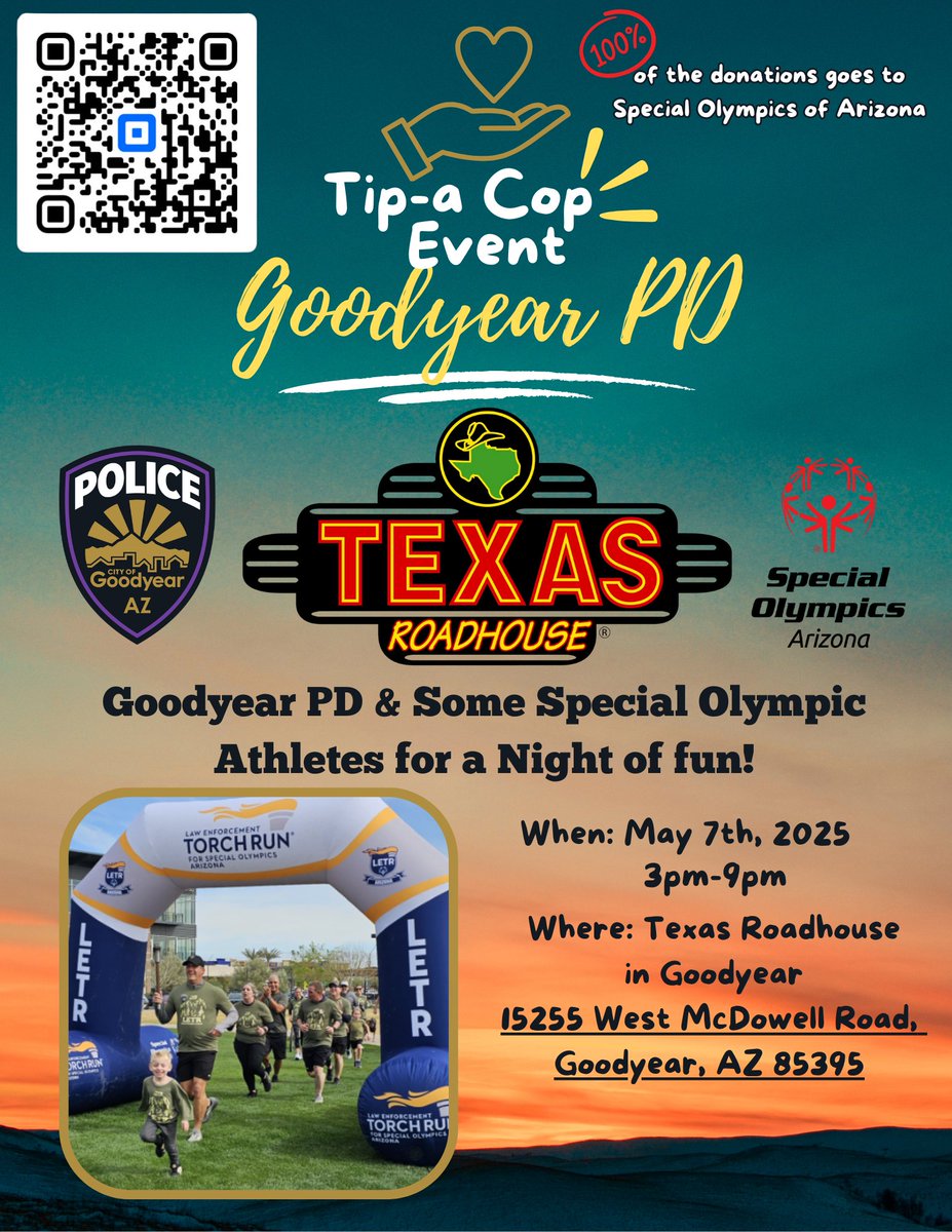 Join us tonight from 3–9 PM at Texas Roadhouse Goodyear (1522 W McDowell Rd) for our Tip-A-Cop fundraiser! 🚔💙 Officers will be serving to support Special Olympics athletes. Come for dinner, leave inspired! 🏅 #TipACop #SpecialOlympics #FundraiserForACause