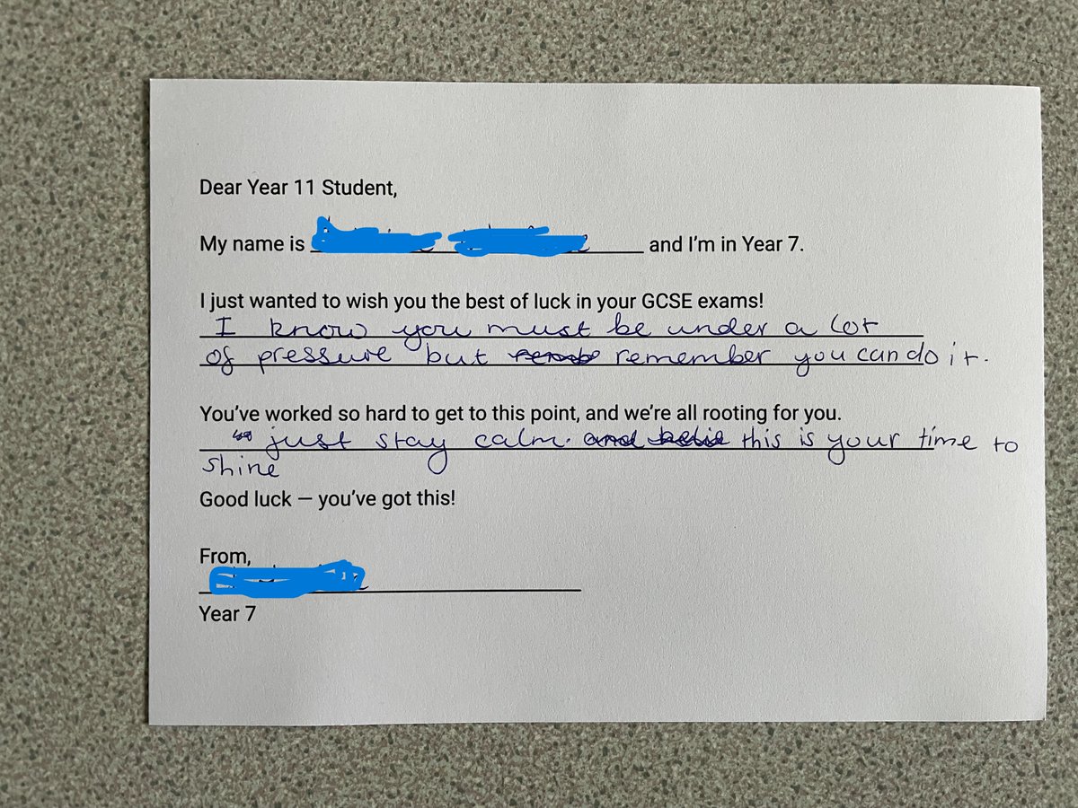 The Stockwood Park Academy (@stockwoodpk) on Twitter photo Year 7 students have been writing encouragement cards to their Year 11 peers ahead of their GCSE exams.
"Stay calm - this is your time to shine!"
<a href="/advschools/">Advantage Schools</a> <a href="/HarrietMills86/">Harriet Mills</a> <a href="/GCSEPod/">GCSEPod</a> Year 7 students have been writing encouragement cards to their Year 11 peers ahead of their GCSE exams.
"Stay calm - this is your time to shine!"
<a href="/advschools/">Advantage Schools</a> <a href="/HarrietMills86/">Harriet Mills</a> <a href="/GCSEPod/">GCSEPod</a>