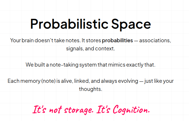 navan0's tweet photo. been working on a little hobby project called Probabilistic Space —
a note-taking app that thinks more like your brain.
memories evolve, connect, and never get left behind.
early access soon. DM if you’re curious 👀

https://t.co/5Kzu6GOjfh https://t.co/hZq1zCp26B