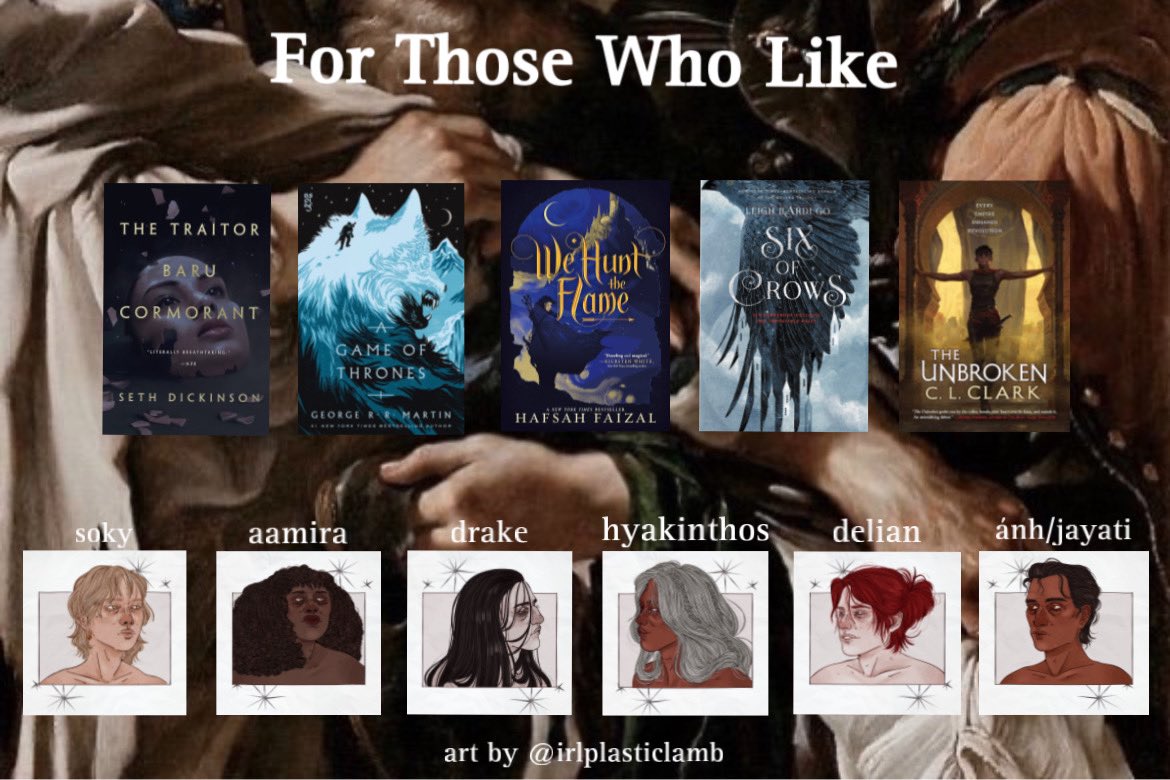 for my last #questpit pitch of the day, here’s a #readersguide to VEIL US IN GOLD

⚜️queer found family that should find therapy
⚜️chosen one corruption
⚜️trans and autistic mc
⚜️political maneuvering, assassinations
⚜️immortality is the greatest curse of all

#P #AG #A #DF
