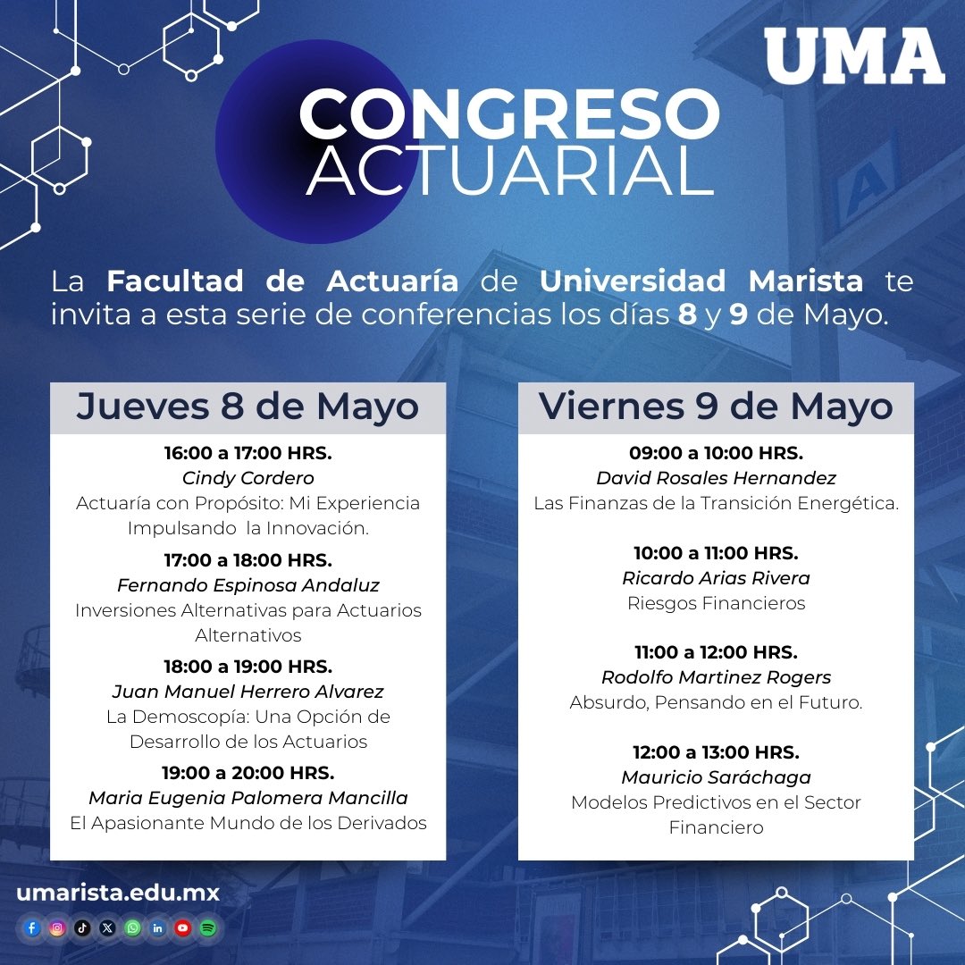 Actuarios❗️Están invitados a asistir al Congreso Actuarial organizado por la Universidad Marista el 8 y 9 de Mayo. Conoce las conferencias en la siguiente imagen.
📌Av. General Leandro Valle 928, Colonia del Mar, Alcaldía Tláhuac. CP 13270
¡La AMA somos todos!