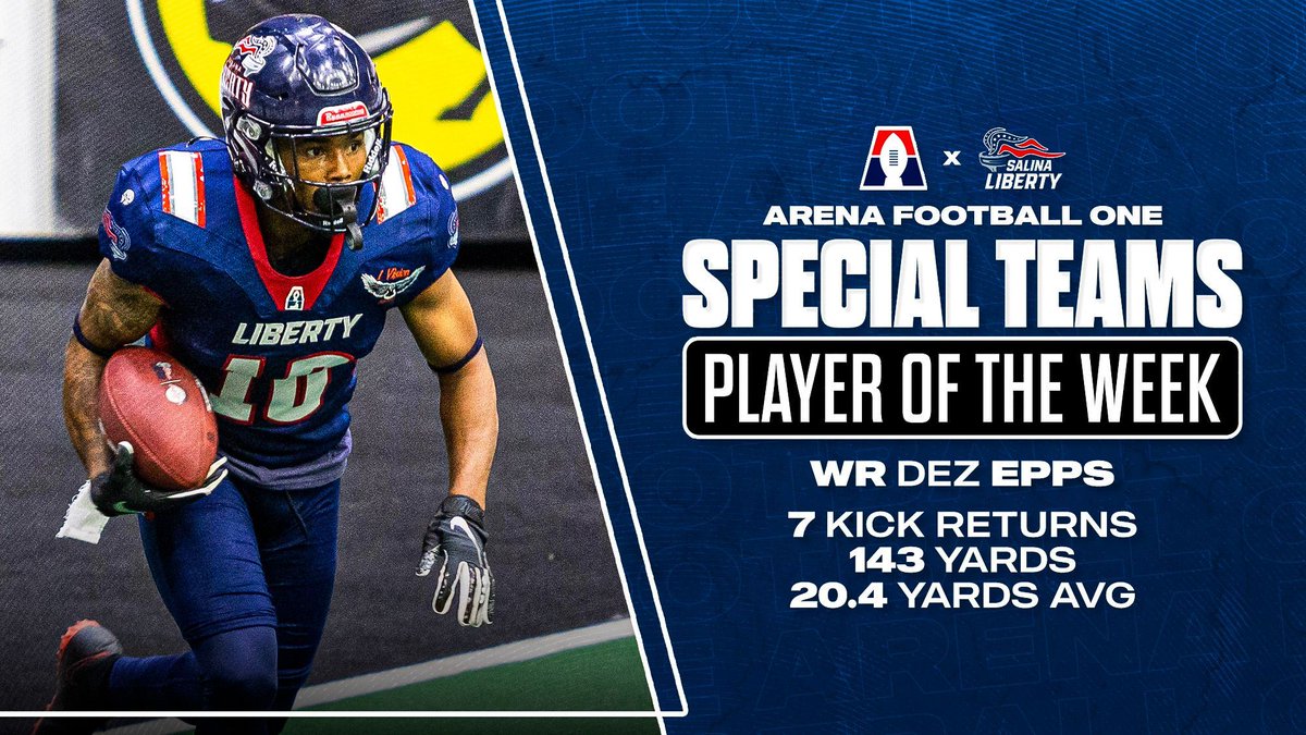 AF1 Player of the Week Honors 🏆 

Offensive: Rakeem Cato - Salina Liberty
Defensive: Mike Fields - Oregon Lightning
Special Teams: Dez Epps - Salina Liberty

@Salina_Liberty | @AF1Lightning