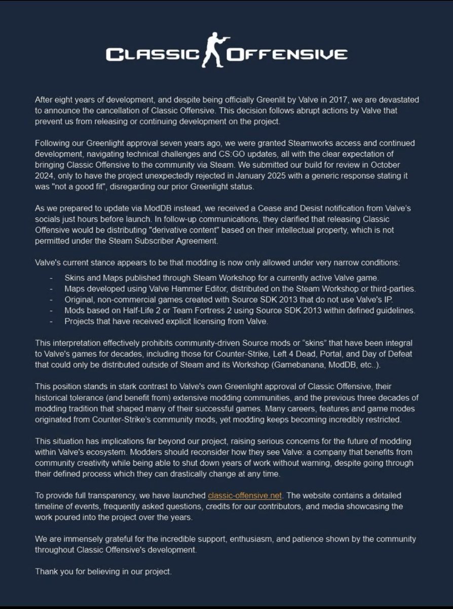 Classic Offensive is cancelled after 8 years of development