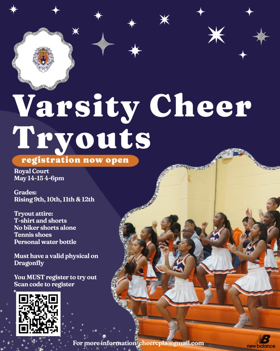 Varsity Cheer Tryouts! 
Please read flyer carefully. 
You must have a valid physical in Dragonfly to tryout.
No additional tryouts will be held.