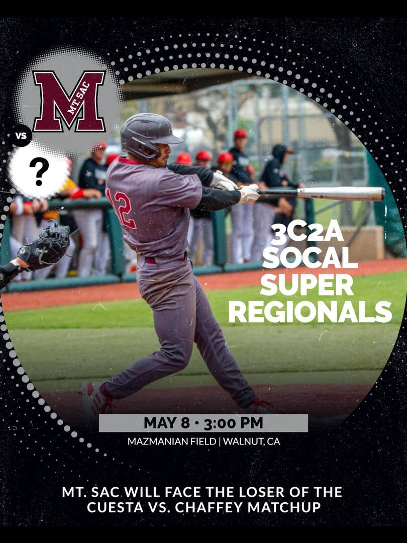 🏆 3C2A SoCal Super Regionals
⚾️ Mt. SAC Baseball is back in action!
📅 Thursday, May 8, 2025
🕒 3:00 PM
📍 Super Regionals – Double Elimination Round
🆚 Mounties will face the loser of Cuesta College vs. Chaffey College
Let’s go Mounties! 💪🔥
#MtSACBas… instagr.am/p/DJXhlAFT36q/