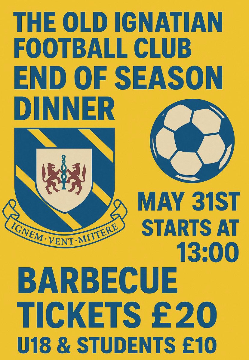 Old Ignatian FC (@oldignatianfc) on Twitter photo The <a href="/OldIgnatianFC/">Old Ignatian FC</a> end of season dinner is on 31st May. Food will be a barbecue feast including 2 bottles of beer. Places can be reserved by contacting Sean Nolan 07758 015240. The <a href="/OldIgnatianFC/">Old Ignatian FC</a> end of season dinner is on 31st May. Food will be a barbecue feast including 2 bottles of beer. Places can be reserved by contacting Sean Nolan 07758 015240.