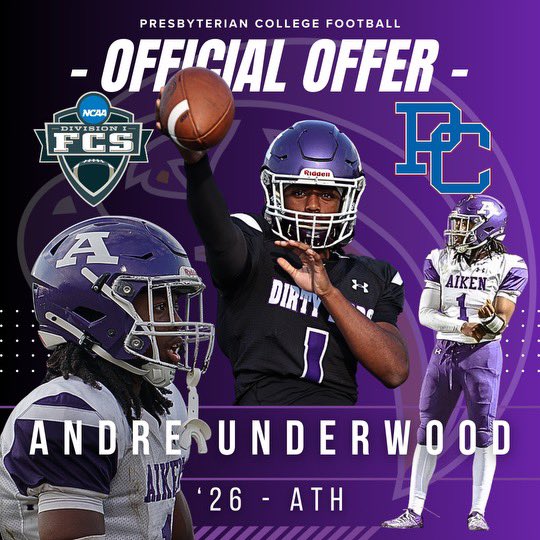 Andre Underwood (@yalluvdre) on Twitter photo After a great conversation with coach <a href="/Gr48ness/">AD Davis</a> im blessed to receive my 3rd division I offer from <a href="/BlueHoseFB/">PC Football</a>! thank you Coach Davis and the staff! <a href="/AikenRecruits/">Aiken Football</a> <a href="/AikenFalcons/">Aiken Athletics</a> <a href="/CoachDuka/">Harry McCall</a> <a href="/JaredLuginbill/">Jared Luginbill</a> After a great conversation with coach <a href="/Gr48ness/">AD Davis</a> im blessed to receive my 3rd division I offer from <a href="/BlueHoseFB/">PC Football</a>! thank you Coach Davis and the staff! <a href="/AikenRecruits/">Aiken Football</a> <a href="/AikenFalcons/">Aiken Athletics</a> <a href="/CoachDuka/">Harry McCall</a> <a href="/JaredLuginbill/">Jared Luginbill</a>