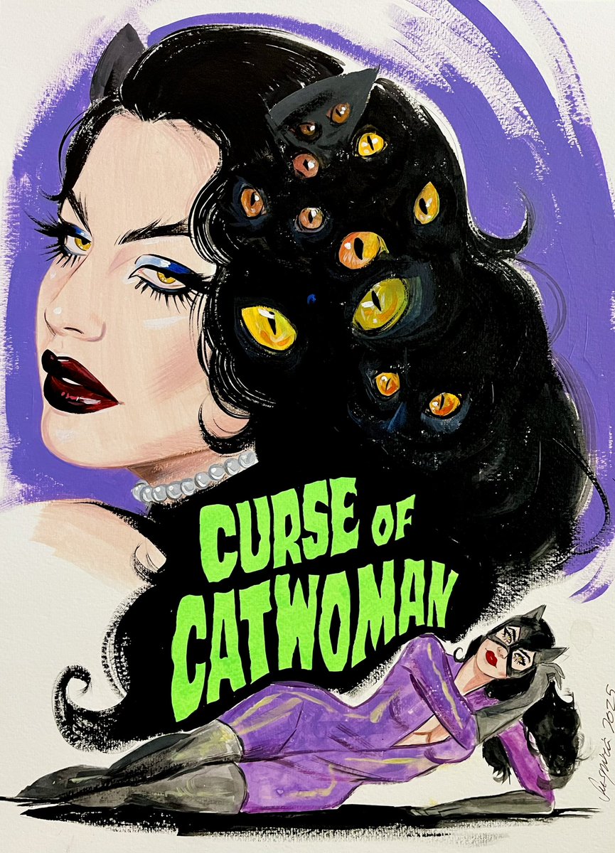 suspiriart's tweet image. Faux catwoman poster โฆAcrylic paint and pencil on paper 12 by 16) traditionally painted by me, a human creature thing.. remember those?