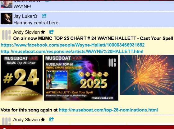 My song Cast Your Spell fell from #13 to #24 but still in Top 25.  Thanks to all who are voting for me &amp; my song.