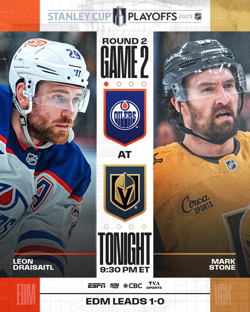 NHL Public Relations (@nhlpr) on Twitter photo Leon Draisaitl and the <a href="/EdmontonOilers/">Edmonton Oilers</a> seek a sixth straight win as Mark Stone and the <a href="/GoldenKnights/">Vegas Golden Knights</a> aim to even the series at 1-1 before heading to Edmonton.
🕤: 9:30 p.m. ET
📺: <a href="/espn/">ESPN</a>, <a href="/Sportsnet/">Sportsnet</a>, CBC, <a href="/TVASports/">TVA Sports</a>. Leon Draisaitl and the <a href="/EdmontonOilers/">Edmonton Oilers</a> seek a sixth straight win as Mark Stone and the <a href="/GoldenKnights/">Vegas Golden Knights</a> aim to even the series at 1-1 before heading to Edmonton.
🕤: 9:30 p.m. ET
📺: <a href="/espn/">ESPN</a>, <a href="/Sportsnet/">Sportsnet</a>, CBC, <a href="/TVASports/">TVA Sports</a>.