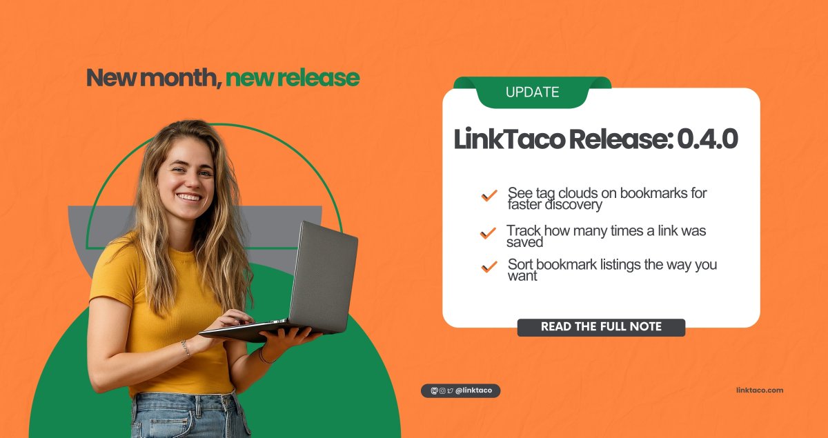 🌮 LinkTaco 0.4.0 is live!
✔ Tag clouds on bookmarks
✔ Save counters + org view
✔ Custom ordering + fixed pagination

Explore the new features + see what’s next:
🔗 linkta.co/newltrelease040 

#linkhub #linkmanagement #opensource