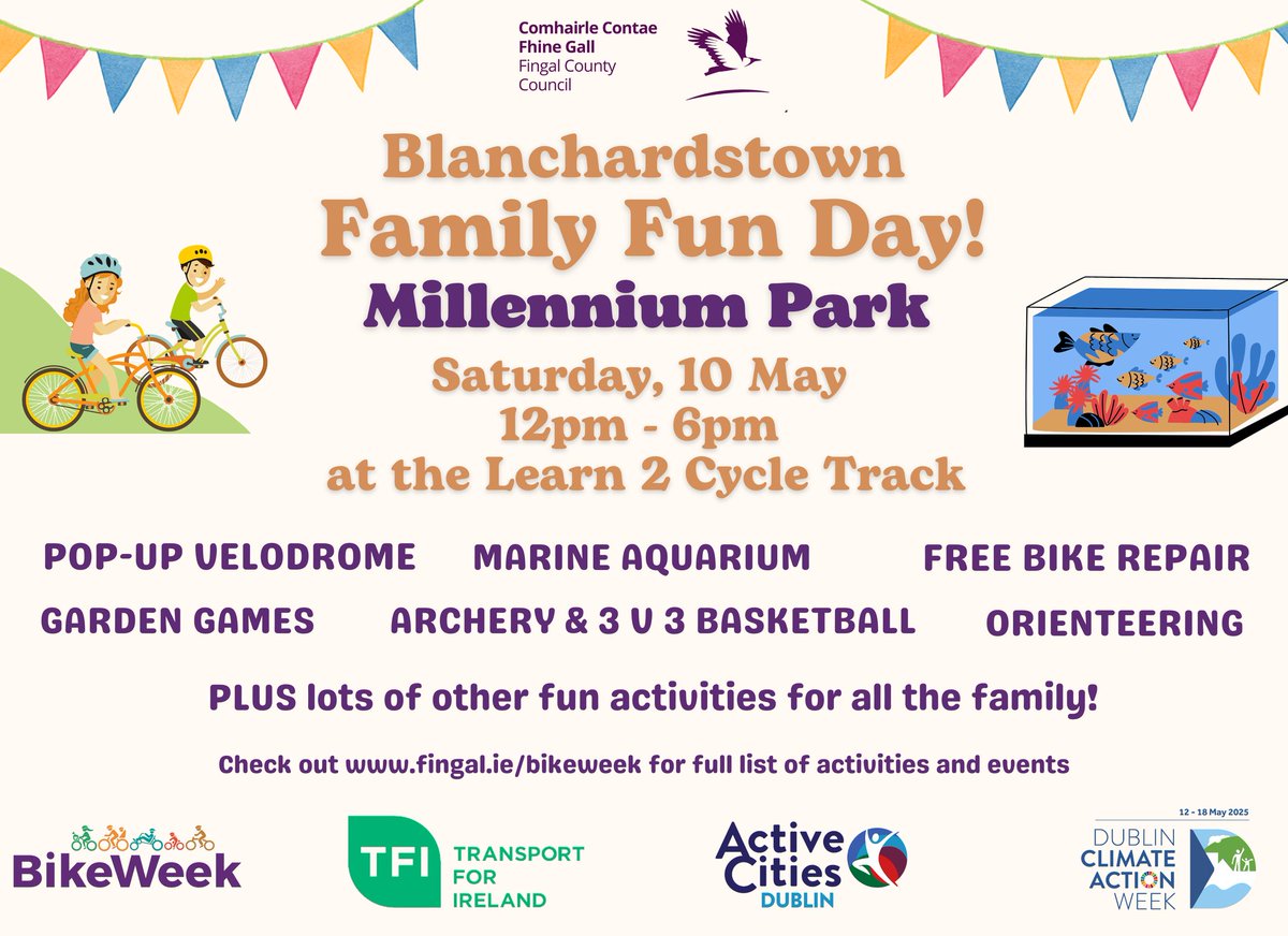 Bike Week kicks off this Saturday 10 May and we're starting the week with a Family Fun Day in Millennium Park, Dublin 15. We'll have a street velodrome, archery, marine aquarium, free bike repair and lots more. Come join us from 12pm and enjoy the fun #BikeWeek2025