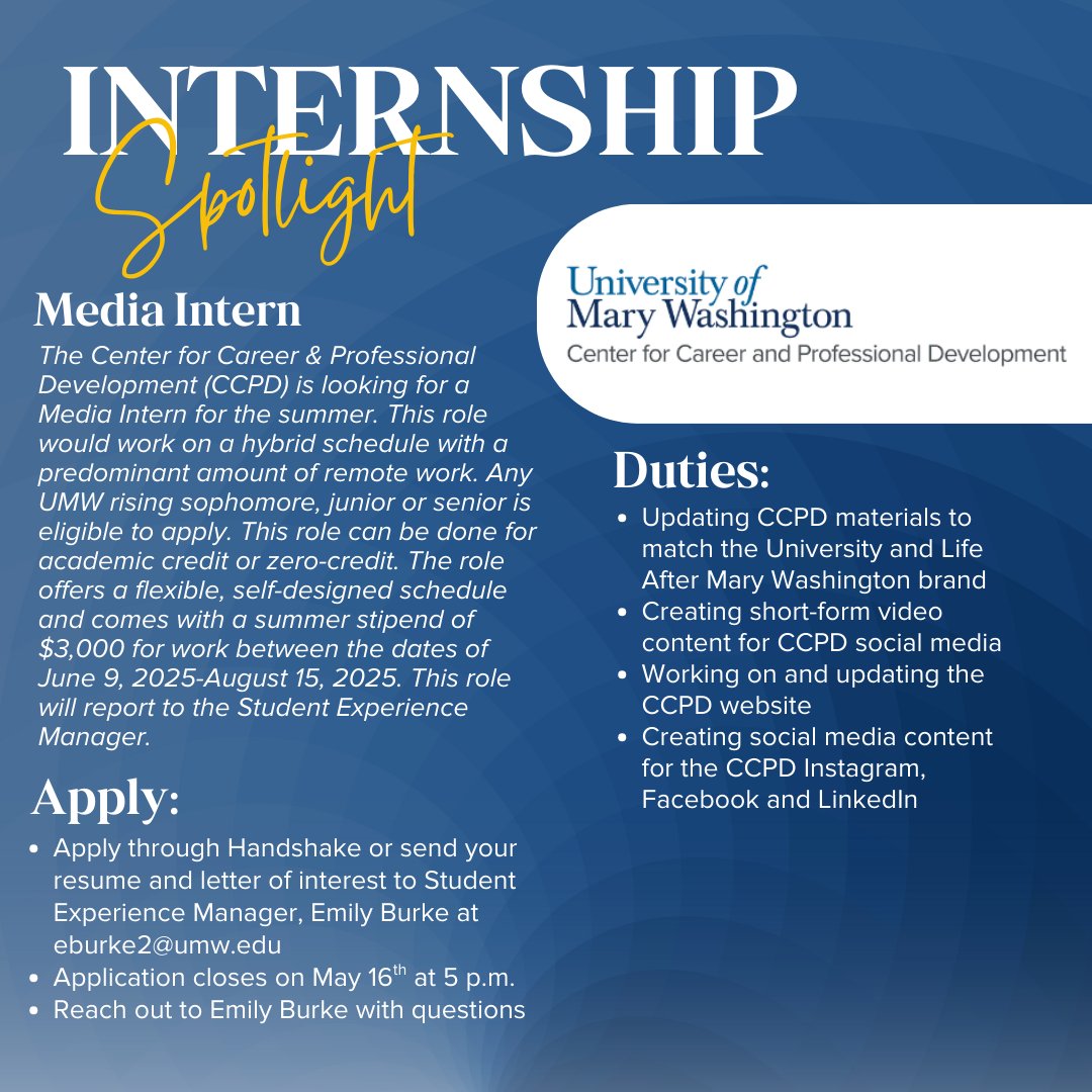 UMW Center for Career & Professional Development (@umw_ccpd) on Twitter photo The Center for Career & Professional Development is hiring a summer Media Intern! Read more about this role and apply using the Handshake link in our bio or email your resume and letter of interest to Emily Burke at eburke2@umw.edu. The Center for Career & Professional Development is hiring a summer Media Intern! Read more about this role and apply using the Handshake link in our bio or email your resume and letter of interest to Emily Burke at eburke2@umw.edu.