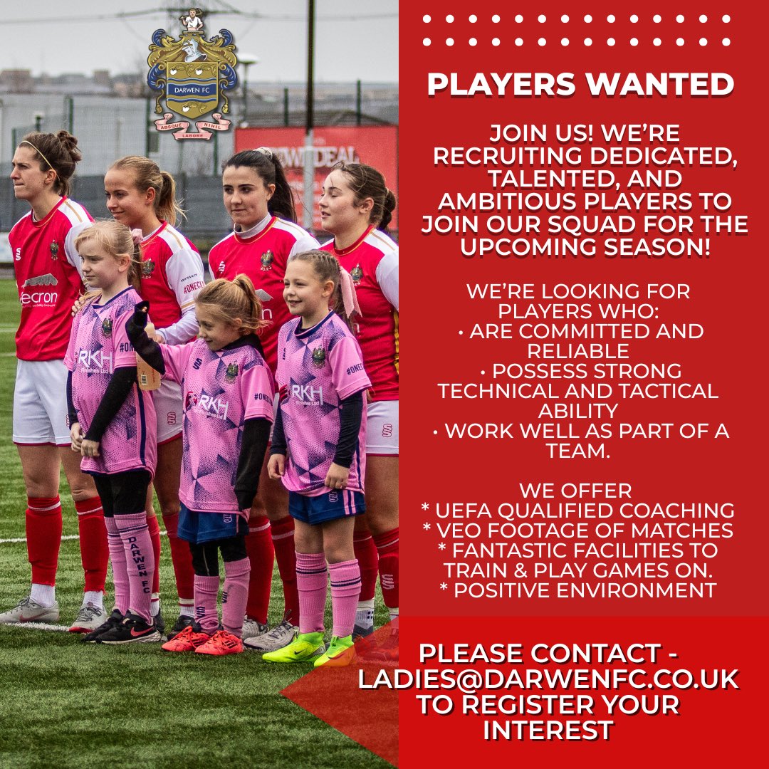 Darwen FC Ladies (@salmonesses) on Twitter photo 🚨PLAYERS WANTED!🚨
About Us:
We’re a competitive, well-structured football club with a strong coaching team, excellent facilities, and a passion for developing players on and off the pitch.
Open training sessions start 1st July.
Please contact - ladies@darwenfc.co.uk to join! 🚨PLAYERS WANTED!🚨
About Us:
We’re a competitive, well-structured football club with a strong coaching team, excellent facilities, and a passion for developing players on and off the pitch.
Open training sessions start 1st July.
Please contact - ladies@darwenfc.co.uk to join!