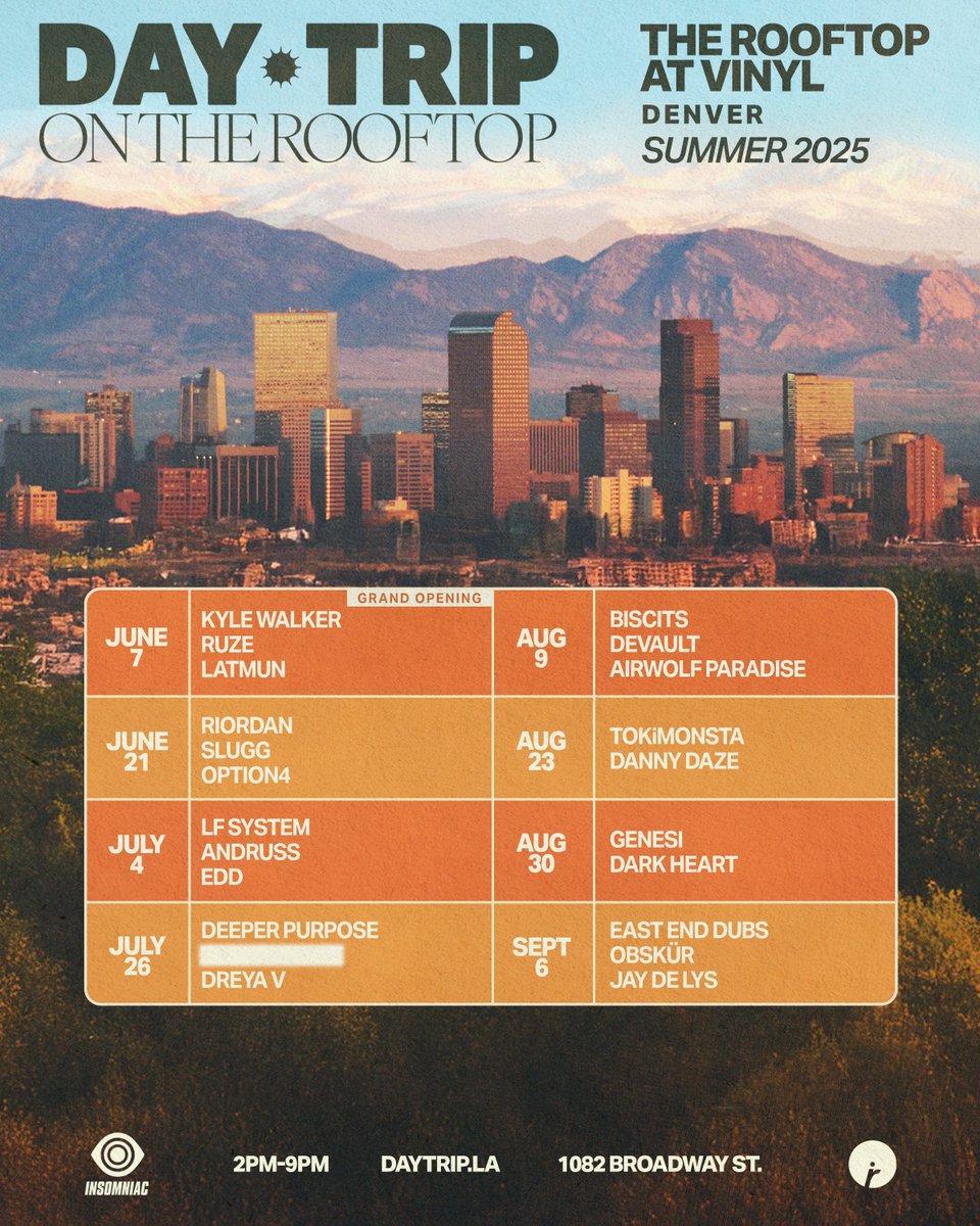 Day Trip ☀️ (@daytripla) on Twitter photo The Day Trip Family is expanding to Denver this Summer! ☀️ A new home for house music on the rooftop of <a href="/ClubVinyl/">Club Vinyl</a> 💛🏔️
All Shows On Sale NOW at daytrip.la
#DayTripOnTheRooftop #DayTripDenver The Day Trip Family is expanding to Denver this Summer! ☀️ A new home for house music on the rooftop of <a href="/ClubVinyl/">Club Vinyl</a> 💛🏔️
All Shows On Sale NOW at daytrip.la
#DayTripOnTheRooftop #DayTripDenver