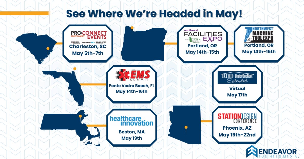 May is here! Check out where we will be this month! We look forward to seeing you! 

#EndeavorBusinessMedia #B2BMedia #Events #EventSeason #MayLineup #SeeYouSoon #Conference #Summit #Expo #ComeSeeUs #Spring