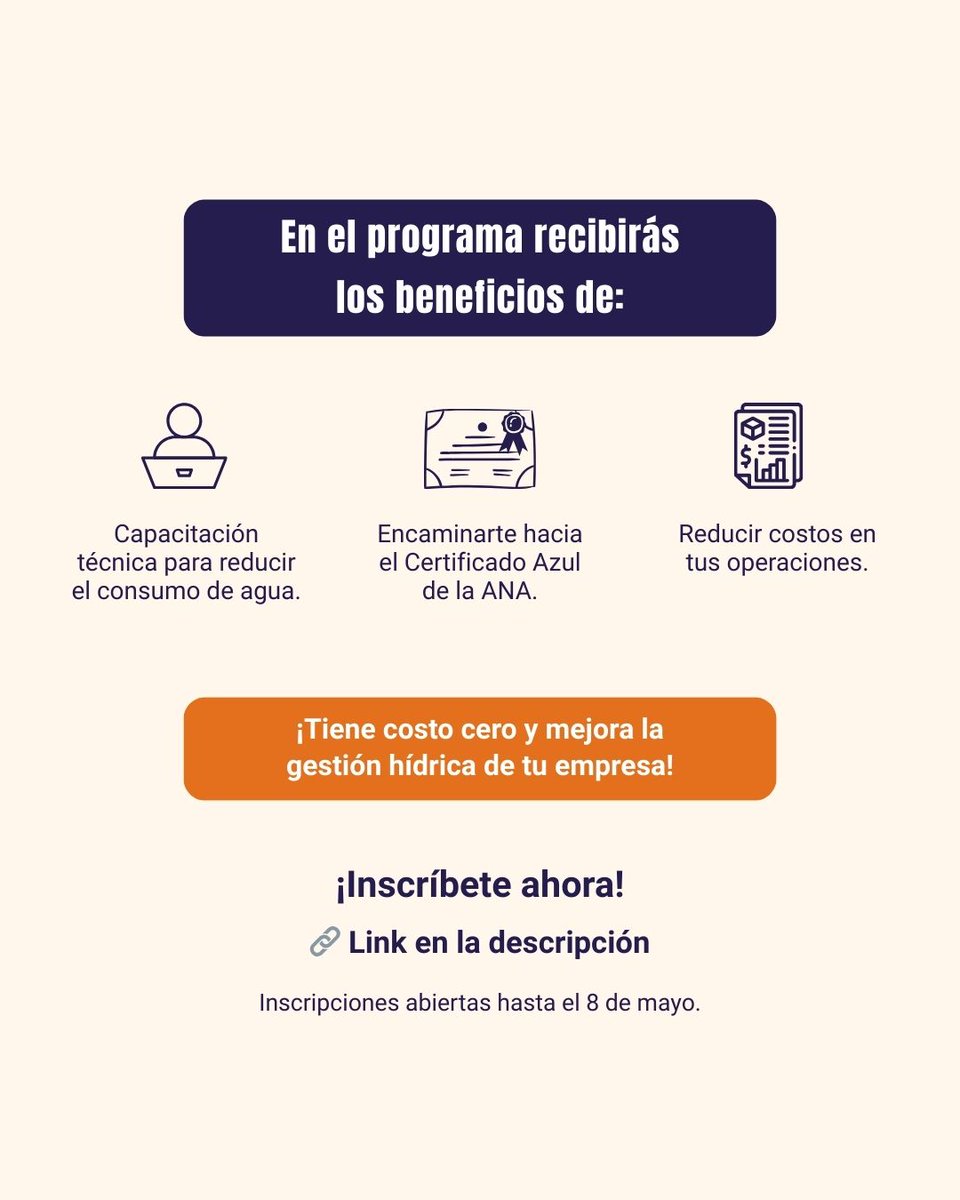 👉 Si en tu empresa quieren tomar acción y mejorar el uso del agua, inscríbanse al Programa de Empresas Comprometidas con el Uso Eficiente del Agua. 

📅 Inscripciones abiertas hasta el 8 de mayo
💻 Modalidad 100% virtual
🔗 Postula aquí 👉 forms.office.com/r/C2evJE01wV