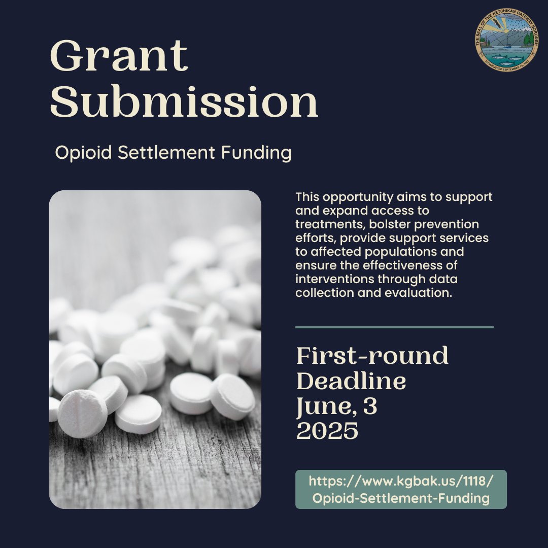 💊Opioid Settlement Funds Now Available for Local Projects

Application Deadline: June 3, 2025, at 2:00 P.M.
Submit to: petera@kgbak.us
Questions? Contact Peter Amylon at (907) 228-6624

For full program details and grant criteria, visit: 
kgbak.us/1118/Opioid-Se…