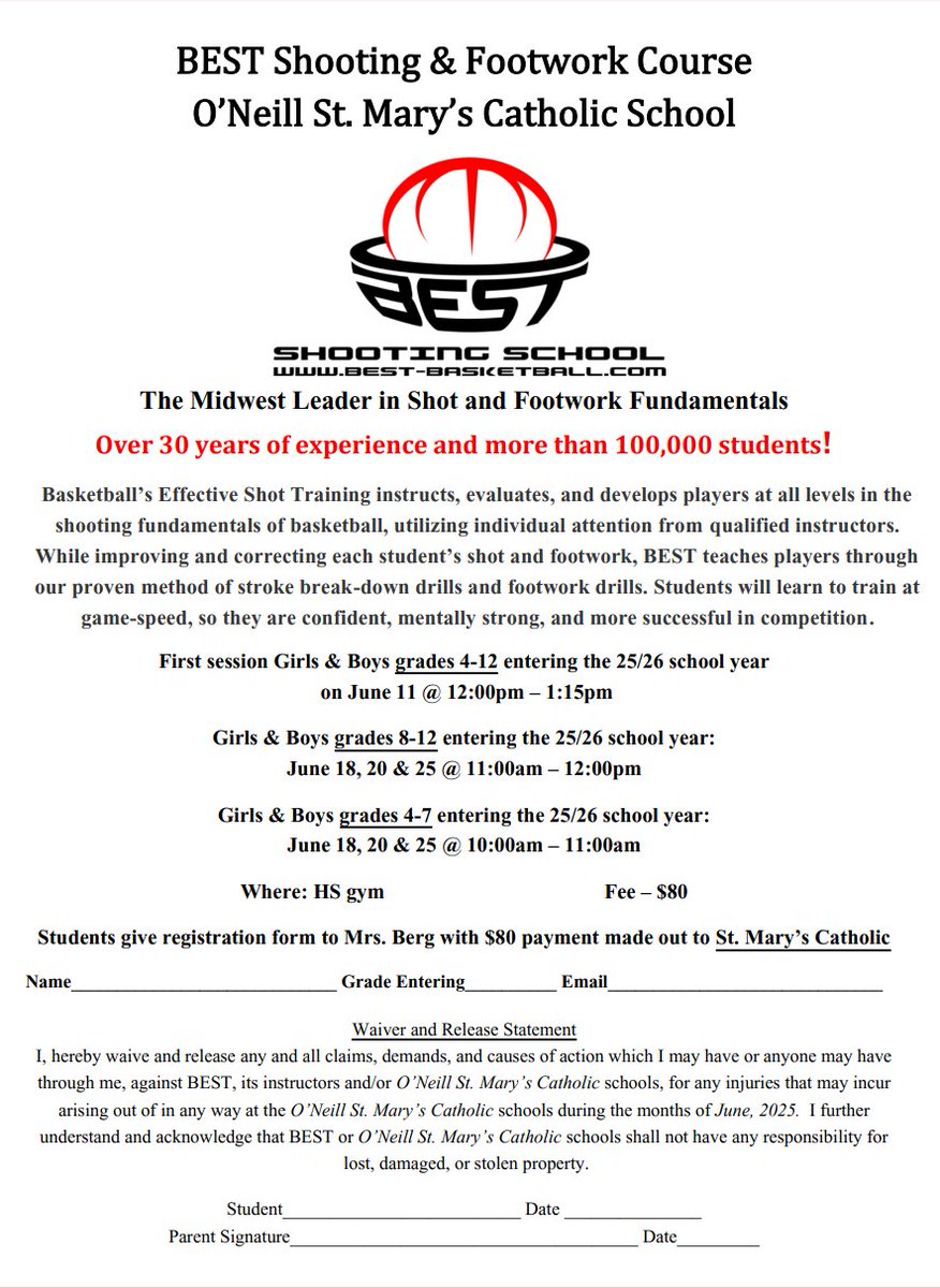 O'Neill St. Mary's (Nebraska) BEST Shooting and Footwork Summer Course!