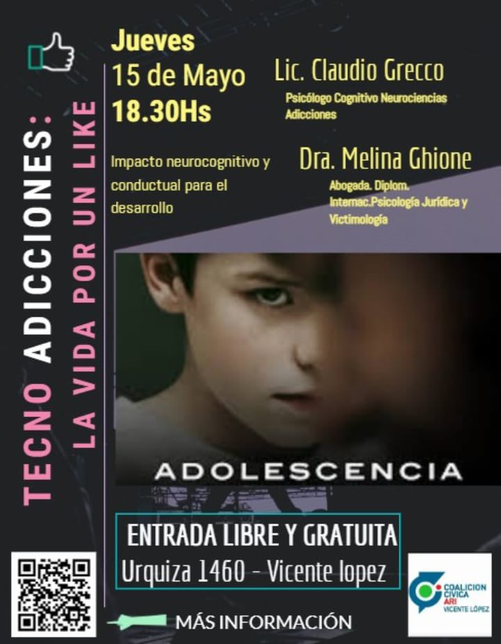 “TECNO ADICCIONES: LA VIDA POR UN LIKE" 
🗓️Jueves 15 de mayo -  18:30 hs 
📍Iglesia Santo Tomás Moro, J.J.Urquiza 1460 - Vicente López
Entrada libre y gratuita - No te pierdas esta charla imperdible a cargo de especialistas.