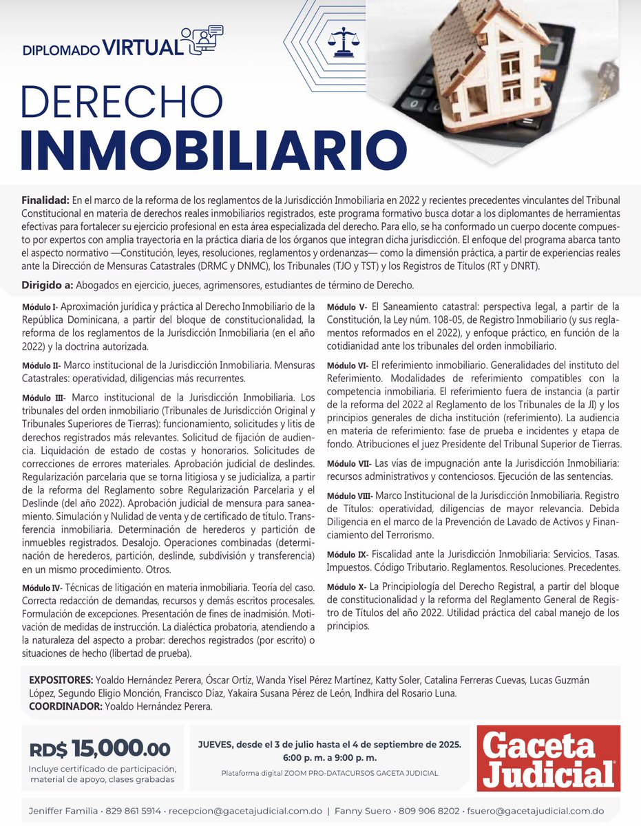 Participa en este diplomado sobre derecho inmobiliario, pilar de la seguridad jurídica y la estabilidad patrimonial, impartido por un cuerpo docente de expertos con acreditada experiencia. Una formación de alto nivel, a la altura de los nuevos desafíos jurídicos. ¡Anímate!