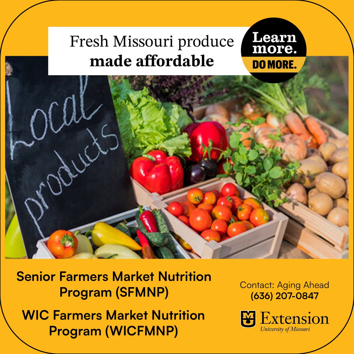 Low-income St. Louis seniors can apply for benefits enabling them to buy fresh produce at eligible farmers markets. Learn more about the Senior Farmers Market Nutrition Program and WIC Farmers Market Nutrition Program by calling Aging Ahead at 636-207-0847.

#ExtendMU