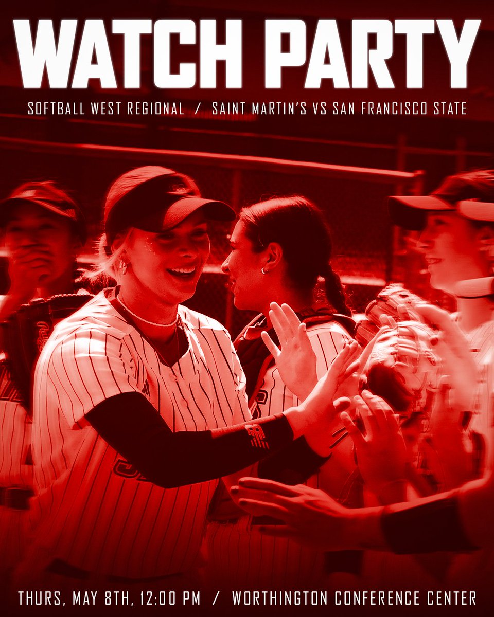 Saint Martin's Saints (@smusaints) on Twitter photo Join us TOMORROW, Thursday, May 8th at 12:00 PM in the Worthington Center for the <a href="/SMUSaints_SB/">Saint Martin's Softball</a> West Regional WATCH PARTY!
Support your Saints as they take on the second-seeded SFSU Gators in San Francisco! Join us TOMORROW, Thursday, May 8th at 12:00 PM in the Worthington Center for the <a href="/SMUSaints_SB/">Saint Martin's Softball</a> West Regional WATCH PARTY!
Support your Saints as they take on the second-seeded SFSU Gators in San Francisco!