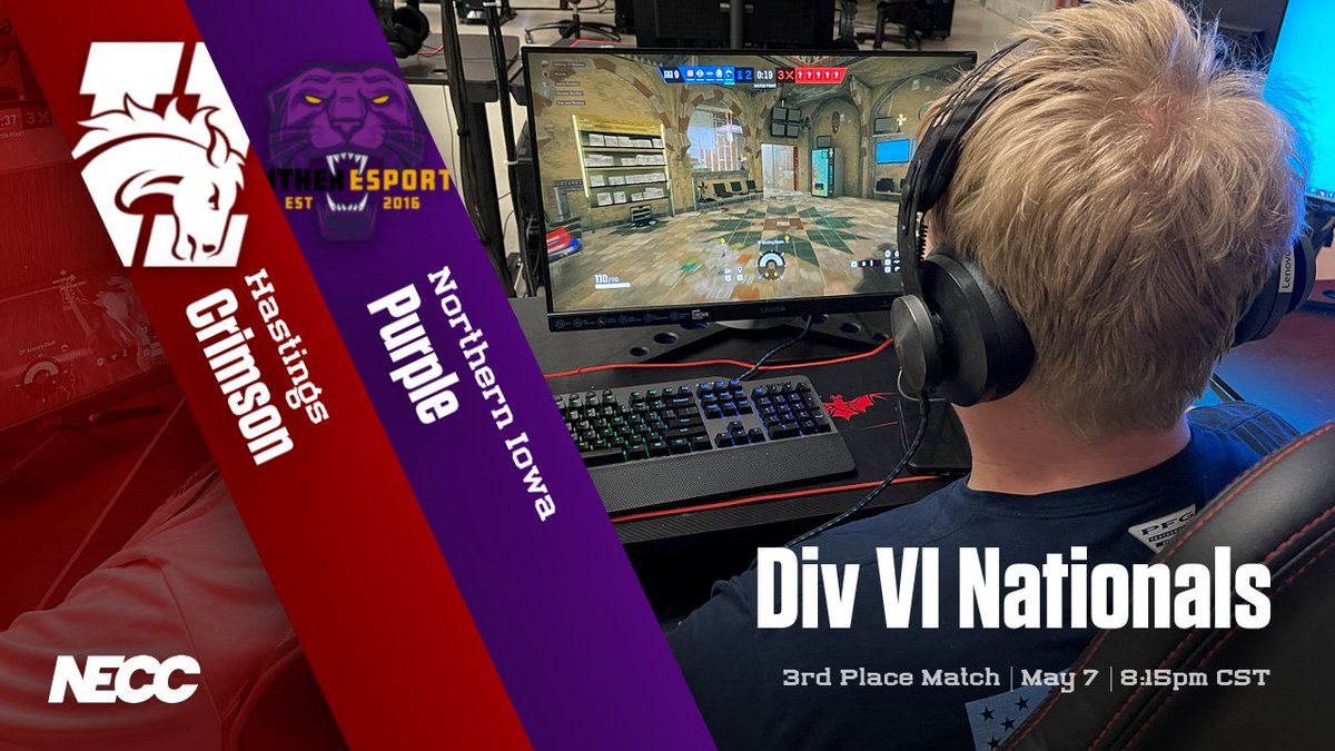 It all comes down to this - #4 Hastings Crimson vs #3 Northern Iowa Purple battling for 3rd place in the NECC Div VI Siege Nationals Turney. Join us tonight at 8:15pm for one final showdown! #GDTBAB

Watch live: twitch.tv/hastingscollege