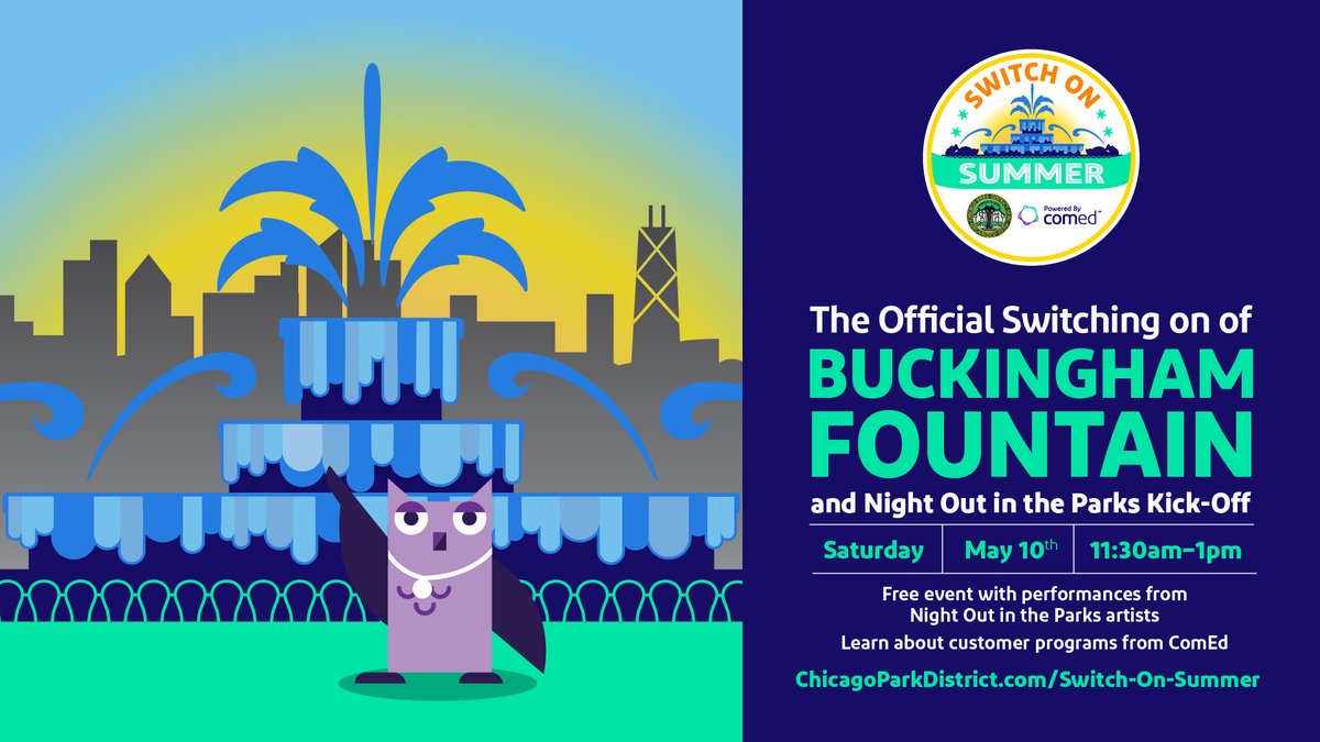 ChicagoParks's tweet photo. Temps. will be in the 70s for #SwitchOnSummer at @BuckinghamFountain on May 10 at 11:30am. Bring your family & friends for an afternoon of fun, free activities, live music & a sneak peek at some of the Night Out in the Parks performances. Visit https://t.co/6YEgGTqWO2. https://t.co/YyvG4HPjdE