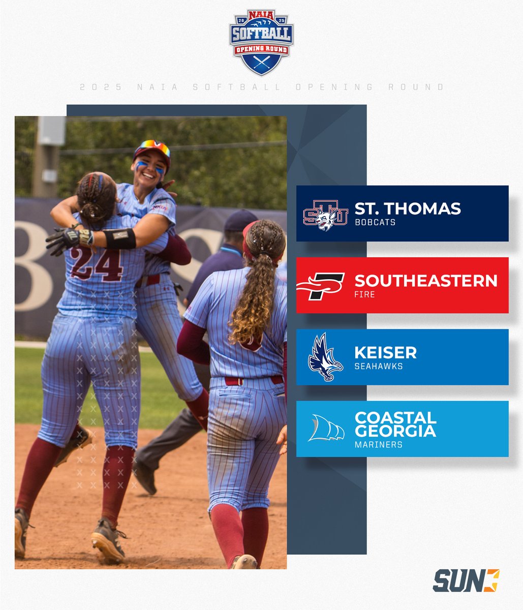 FOUR headed to the <a href="/NAIA/">NAIA</a> Softball Opening Round!

The road to the World Series begins May 12 ⬇️

🔸 #2 St. Thomas – Lawrenceville, Ga.
🔸 #2 Southeastern – Klamath Falls, Ore.
🔸 #4 Keiser – Ashland, Ore.
🔸 #4 Coastal Georgia – Marian, Ind.

More info: bit.ly/42Na8Tp