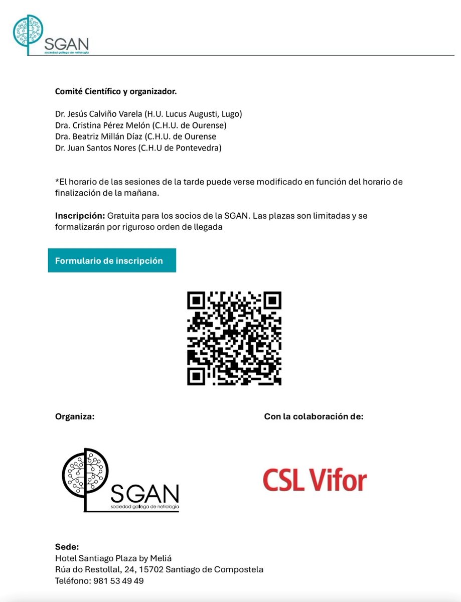 Sociedad Gallega de Nefrología - SGAN (@nefrogalicia) on Twitter photo Eres socio de <a href="/NefroGalicia/">Sociedad Gallega de Nefrología - SGAN</a>? Aún estás a tiempo de inscibirte en la Reunión Temática 2025:
📍 Actualización en alteraciones hidroelectrolíticas
📍15 de mayo, Santiago de Compostela
Te esperamos! #SGAN <a href="/CSLViforES/">CSL Vifor ES</a> Eres socio de <a href="/NefroGalicia/">Sociedad Gallega de Nefrología - SGAN</a>? Aún estás a tiempo de inscibirte en la Reunión Temática 2025:
📍 Actualización en alteraciones hidroelectrolíticas
📍15 de mayo, Santiago de Compostela
Te esperamos! #SGAN <a href="/CSLViforES/">CSL Vifor ES</a>