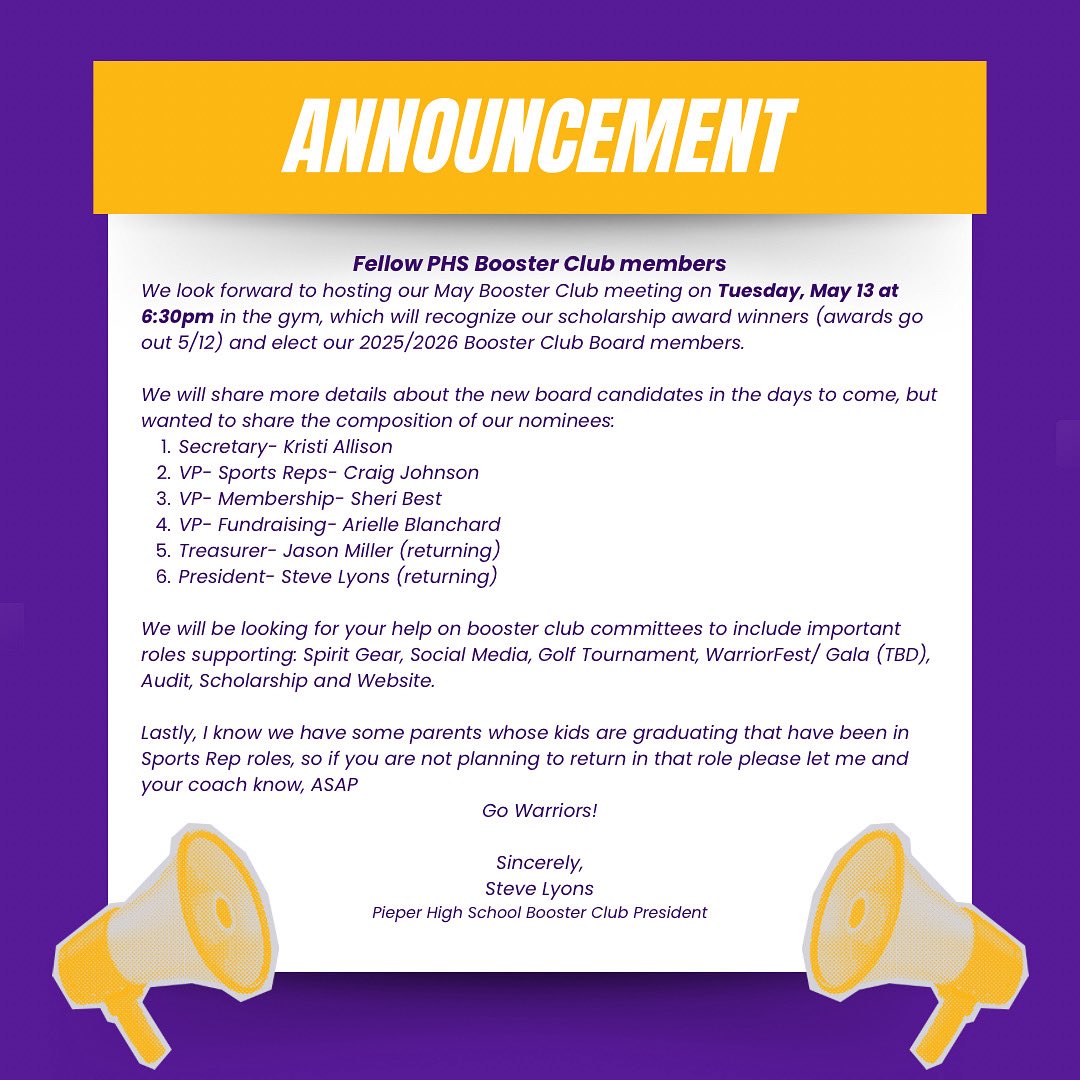 Be sure to join us for our last Booster Club meeting for the 24-25 year on Tuesday, May 13th at 6:30pm in the gym. 

Lots of things on the agenda!