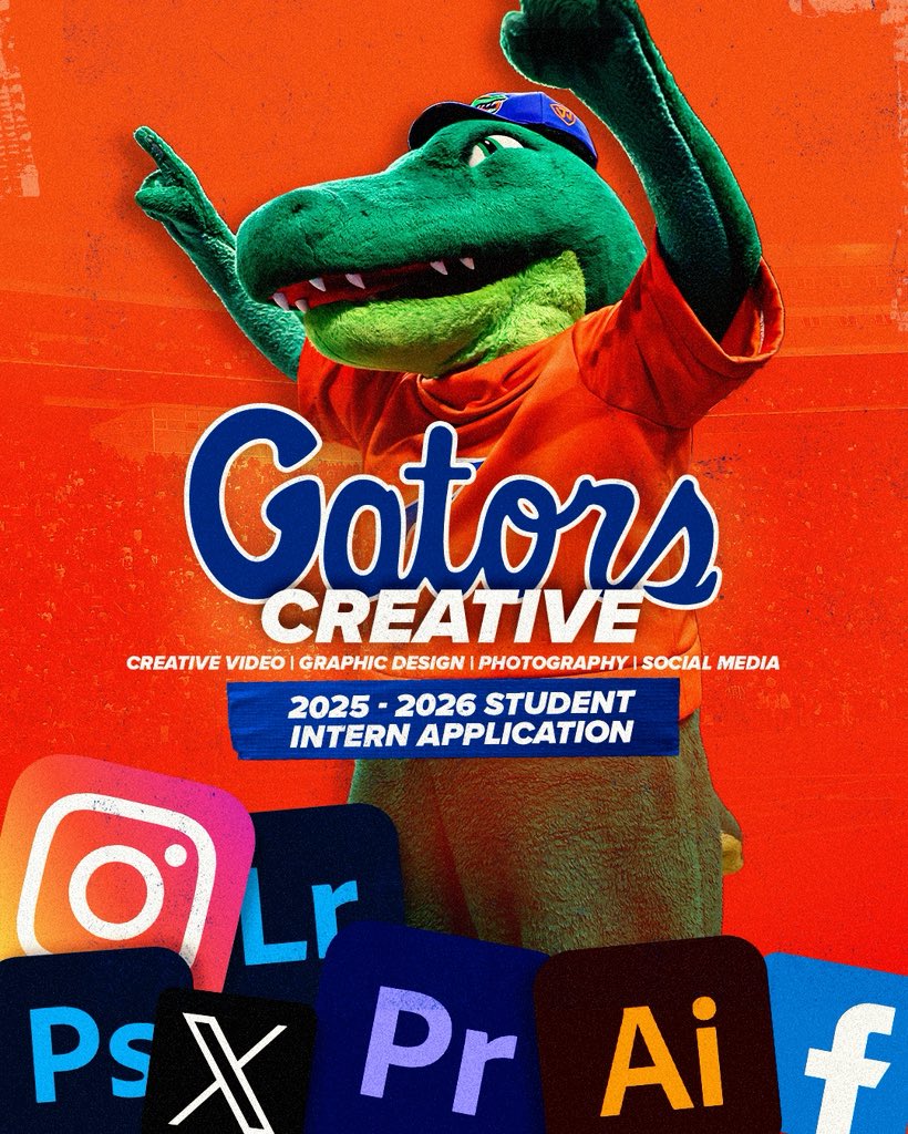 Gators Creative (@gatorscreative) on Twitter photo Join the gators creative crew🐊
2025 - 2026 student intern application is live! We’re accepting applications for:
🔹 Creative Video
🔹 Graphic Design
🔹 Photography
🔹 Social Media
App 🔗: bit.ly/3EIuUup Join the gators creative crew🐊
2025 - 2026 student intern application is live! We’re accepting applications for:
🔹 Creative Video
🔹 Graphic Design
🔹 Photography
🔹 Social Media
App 🔗: bit.ly/3EIuUup