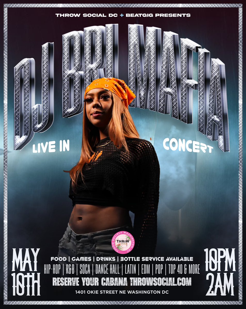 [ Saturday ] May 10th ! 

Each DJ has Their Own Style ! Like What Bri Said ! The Vibes Are Different 🔥

<a href="/ReggieRegSW/">People's Favorite</a> 7pm-10pm 

DJ Ghost 10pm-12am

Very Special Guest DJ &amp; Performance By The One &amp; Only <a href="/OG_Bri/">DJ Bri Mafia</a> 12am - 2am 

<a href="/throw_social/">THRōW Social DC</a>  Early Arrival Highly Recommended!