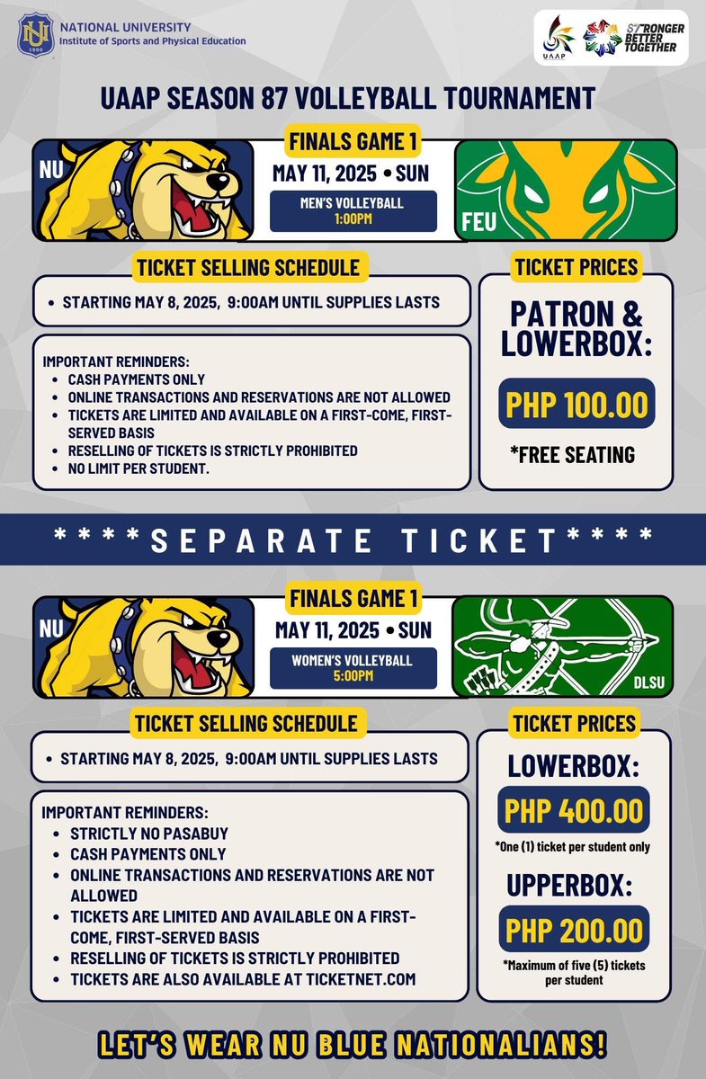 TNUForum's tweet photo. TICKETS ARE OFFICIALLY ON SALE STARTING TODAY โผ๏ธ
Donโt miss your chance to witness the ultimate showdown at the #UAAPSeason87 Volleyball Finals!
Grab your tickets now at the Athletics Office. Separate tickets available for the men and womenโs divisions. #GoBulldogs #NULetsGo https://t.co/urrCMgIa2G