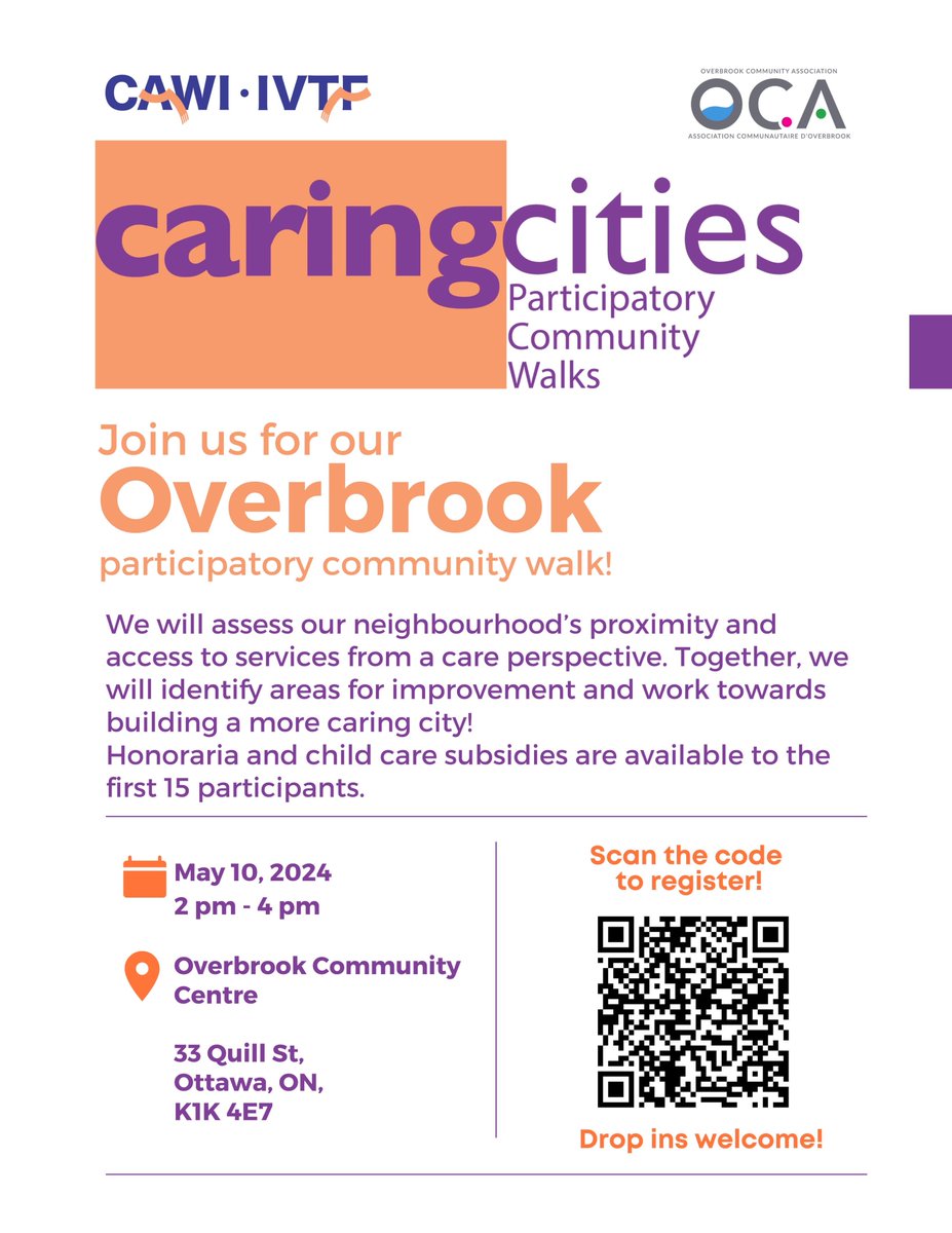 🌆👣 Join us for a Participatory Community Walk in Overbrook 👣🌆

📅 Date: May 10, 2024
🕑 Time: 2 pm  4 pm
📍 Location: Overbrook Community Centre, 33 Quill St, Ottawa, ON, K1K 4E7
🎁 Honoraria &amp; child care subsidies for the first 15 participants
📲 Scan the QR code to register