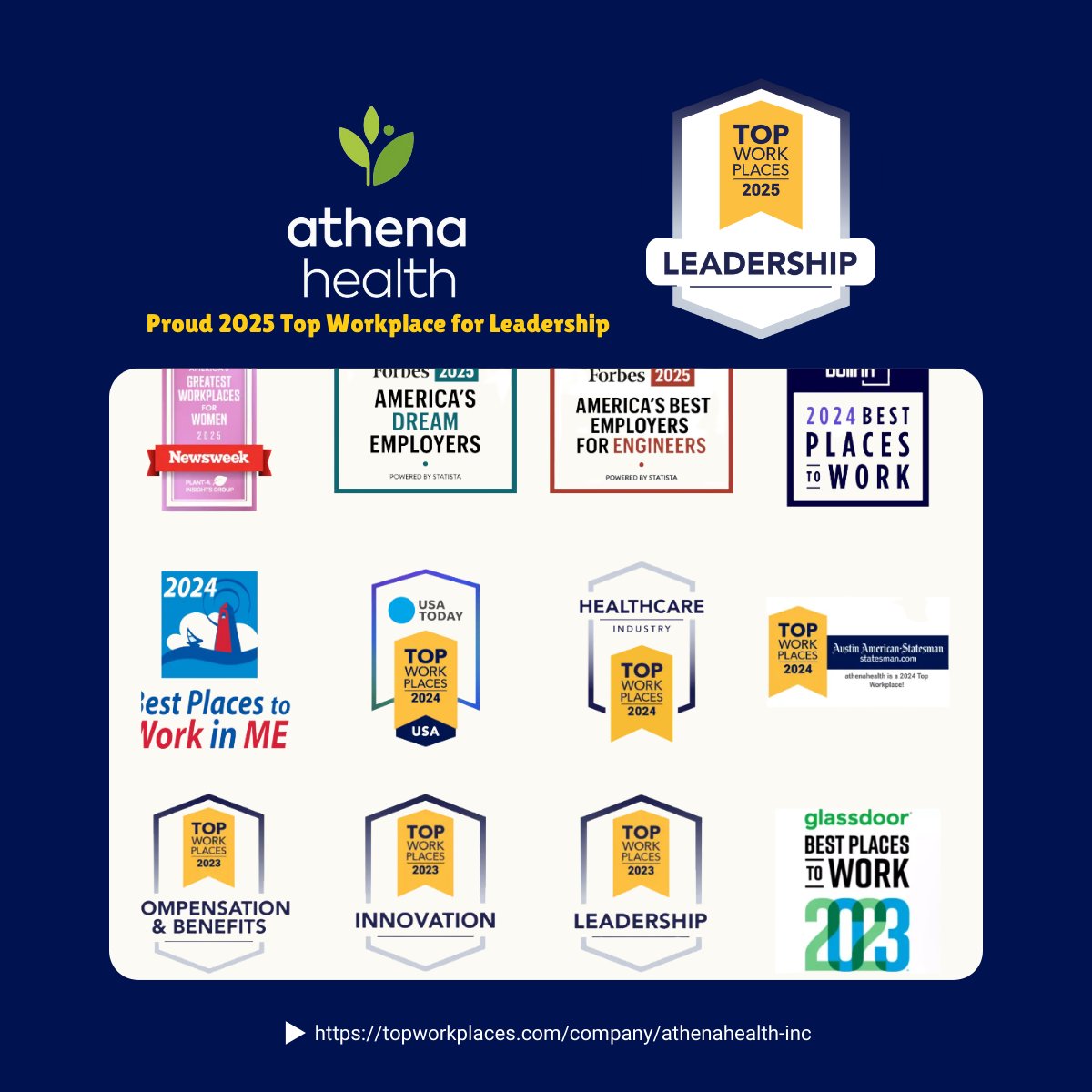 👏 Leading with purpose. Thriving with heart.

🌟 See why they made the list:
📖 topworkplaces.com/Leadership-awa…

🔎 Explore all the 2025 winners:
topworkplaces.com/award/leadersh…

💼 Get to know athenahealth’s culture:
topworkplaces.com/company/athena…