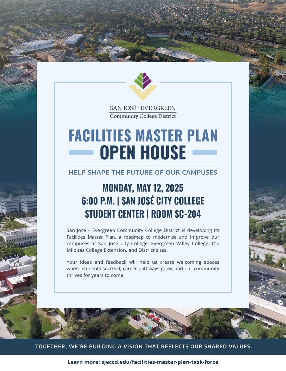 We want to hear from you! After a recent successful virtual open house, SJECCD is hosting an in-person Facilities Master Plan Open House on Monday, May 12 at 6:00 p.m. in Room SC-204 inside the Student Center on campus at SJCC.

Fore more info, visit sjeccd.edu/facilities-mas…