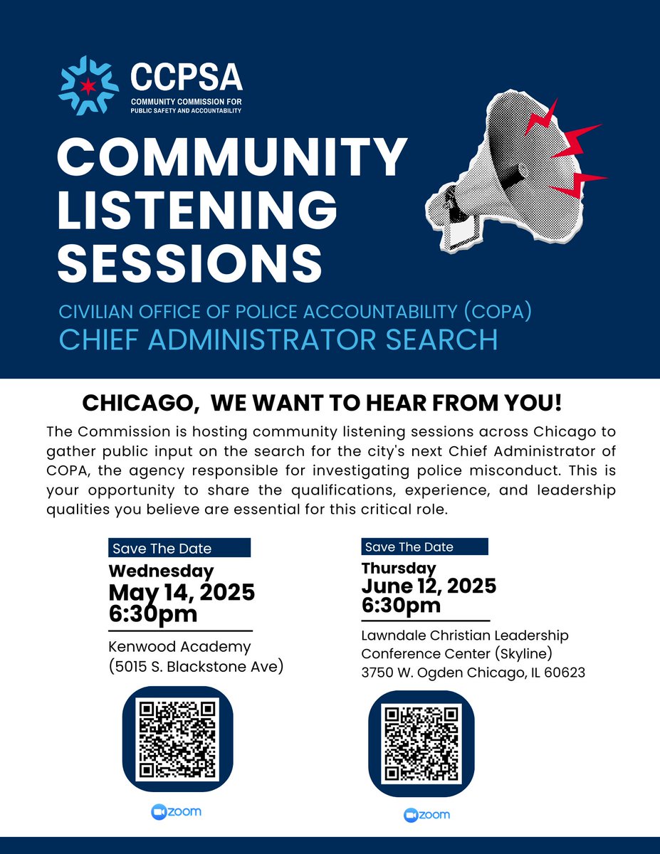 CCPSA Listening Session: Search for the Next COPA Chief Administrator- 6:30pm on May 14, 2025 at Kenwood High School. 

What qualities, experience &amp; leadership should this key police accountability role require? For virtual attendance: shorturl.at/uPZMn