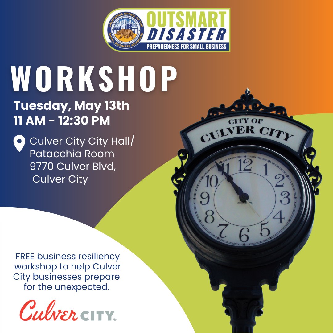 OutsmrtDisaster's tweet image. Join our Outsmart Disaster Workshop to build your business resilience plan! Free tools, real tips, & resources that matter.
📅 May 13 | 11AM–12:30PM
📍 Culver City Hall or 💻 online
Want to co-host or co-brand? Let’s talk!
🔗lu.ma/h53hbinf
#OutsmartDisaster #CalOSBA