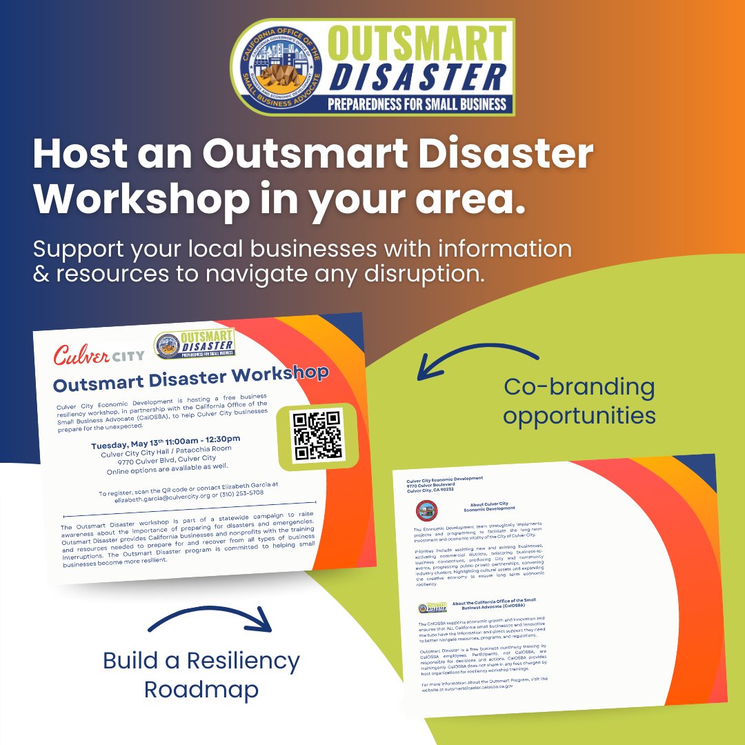 OutsmrtDisaster's tweet image. Join our Outsmart Disaster Workshop to build your business resilience plan! Free tools, real tips, & resources that matter.
📅 May 13 | 11AM–12:30PM
📍 Culver City Hall or 💻 online
Want to co-host or co-brand? Let’s talk!
🔗lu.ma/h53hbinf
#OutsmartDisaster #CalOSBA