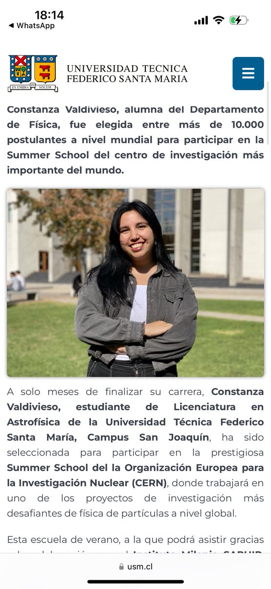 Instituto Milenio Saphir (@institutesaphir) on Twitter photo Felicitamos a Constanza Valdivieso, quien fue seleccionada para participar en la Summer School de <a href="/CERN/">CERN</a> 😁😁
👏🏻👏🏻👏🏻 Acá la nota preparada por la U. Santa María <a href="/FisicaUTFSM/">Departamento de Física USM</a> 👉🏻 usm.cl/noticias/estud…
<a href="/min_ciencia/">Ministerio de Ciencia</a> <a href="/ANID_Chile/">Agencia Nacional de Investigación y Desarrollo</a> <a href="/CERN/">CERN</a> Felicitamos a Constanza Valdivieso, quien fue seleccionada para participar en la Summer School de <a href="/CERN/">CERN</a> 😁😁
👏🏻👏🏻👏🏻 Acá la nota preparada por la U. Santa María <a href="/FisicaUTFSM/">Departamento de Física USM</a> 👉🏻 usm.cl/noticias/estud…
<a href="/min_ciencia/">Ministerio de Ciencia</a> <a href="/ANID_Chile/">Agencia Nacional de Investigación y Desarrollo</a> <a href="/CERN/">CERN</a>